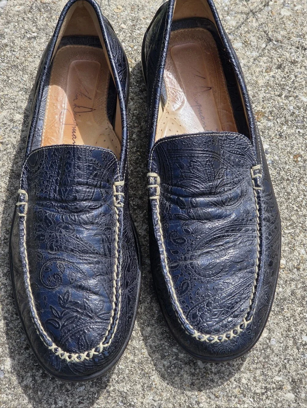 Martin Dingman Blue Paisley Tooled Leather Loafers Shoes 13